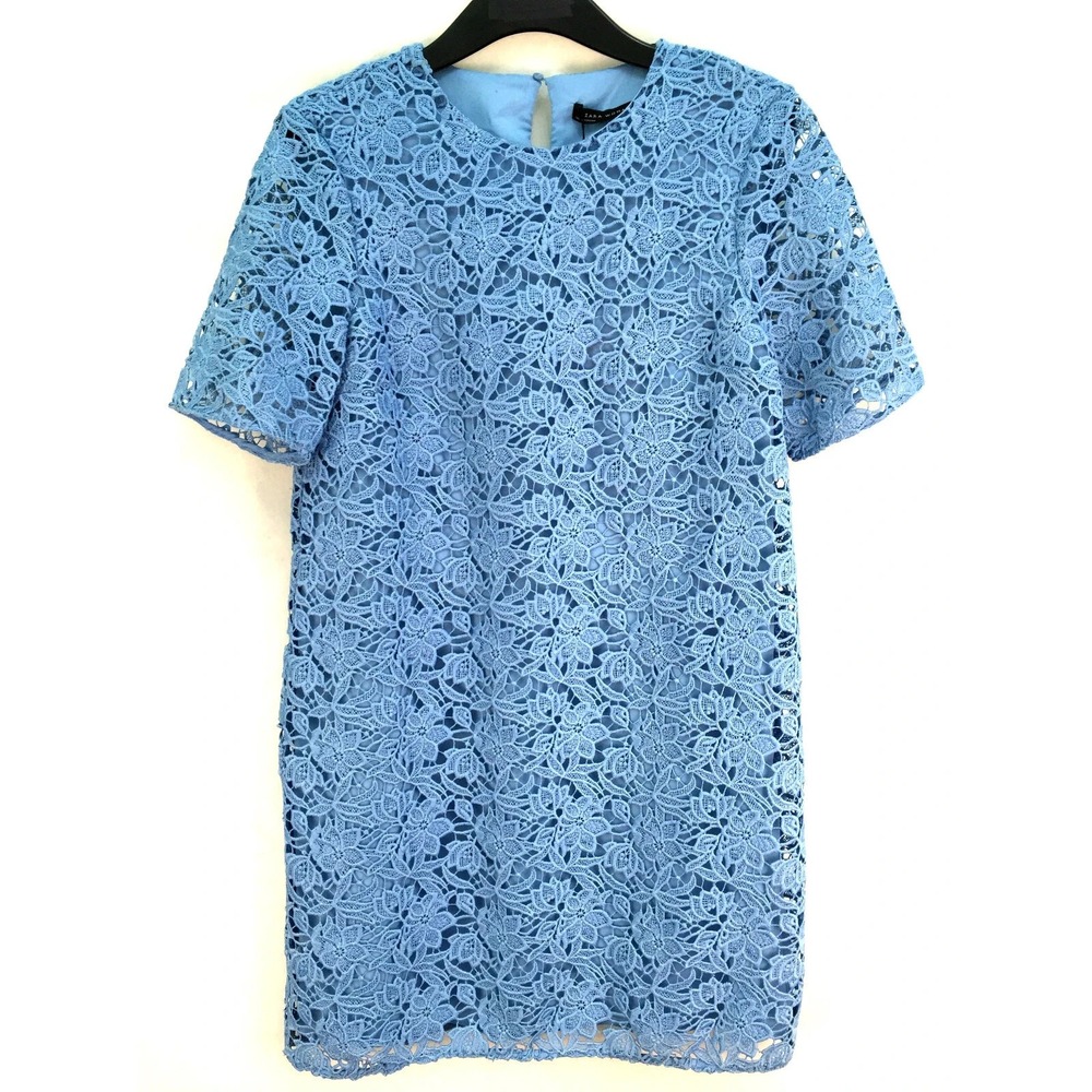 Zara Crochet Lace short sleeve Blue Midi short sleeve  Dress